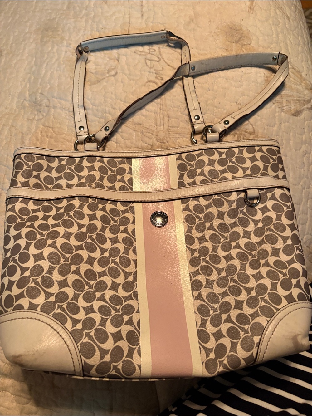 Coach Grey Monogram Tote with Pink and White Center Stripe
